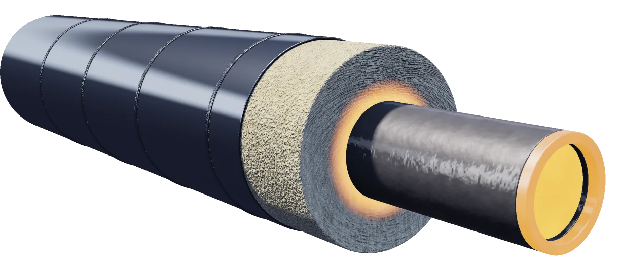Cutaway of an insulated steam pipe: hot steel pipe, rockwool pipe section and aluminum cladding with bands